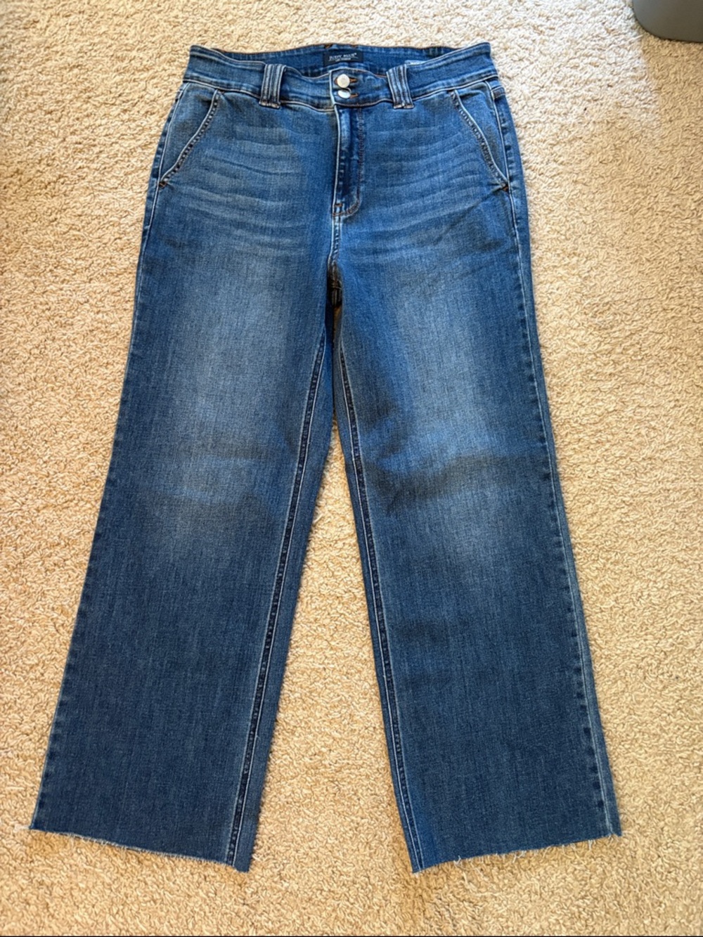 Judy Blue Mid Wash Double Button Wide Leg Jeans, rawhem, high rise, 28 in inseam